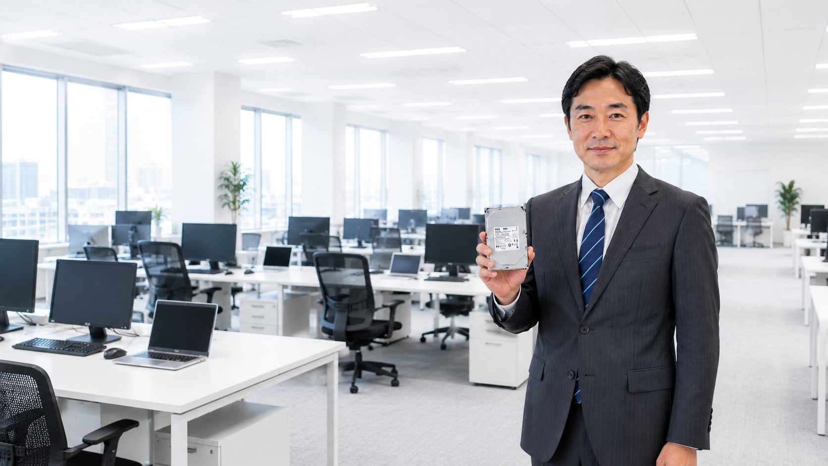 白いオフィスで3.5インチの内蔵HDDを手に持つスーツ姿の担当者